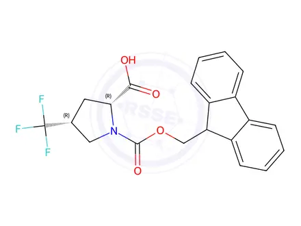 Chemical structure of (2R,4R)-1-(((9H-fluoren-9-yl)methoxy)carbonyl)-4-(trifluoromethyl)pyrrolidine-2-carboxylic acid