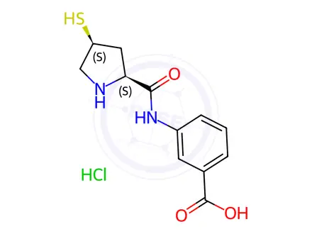 Chemical structure of 3-((2S,4S)-4-Mercaptopyrrolidine-2-carboxamido)benzoic Acid Hydrochloride