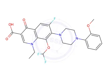 Chemical structure of 1-Ethyl-8-difluoromethoxy-6-fluoro-1,4-didehydro-7-[4-(2-methoxyphenyl)-1-piperazinyl]-4-oxoquinoline-3-carboxylic acid