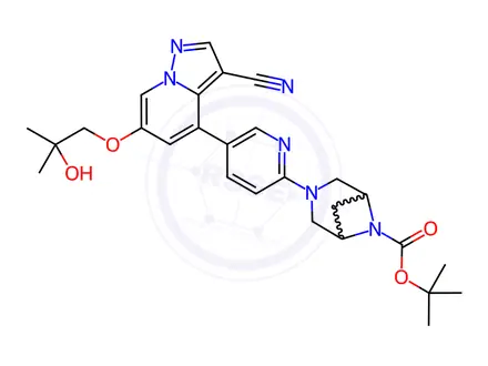 Chemical structure of Tert-Butyl 3-(5-(3-Cyano-6-(2-Hydroxy-2-Methylpropoxy)Pyrazolo[1,5-A]Pyridin-4-Yl)Pyridin-2-Yl)-3,6-Diazabicyclo[3.1.1]Heptane-6-Carboxylate