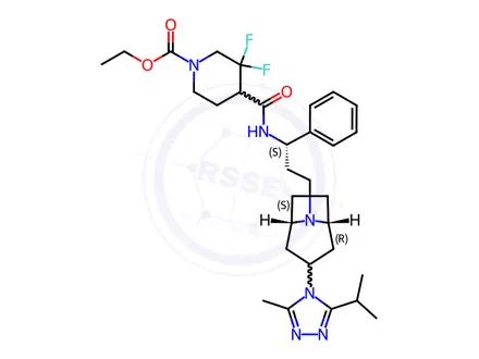 Chemical structure of ethyl 3,3-difluoro-4-((S)-3-((1S,3R,5R)-3-(3-isopropyl-5-methyl-4H-1,2,4-triazol-4-yl)-8-aza-bicyclo[3.2.1]octan-8-yl)-1-phenylpropylcarbamoyl)piperidine-1-carboxylate
