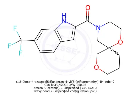 Chemical structure of (1,8-Dioxa-4-azaspiro[5.5]undecan-4-yl)(6-(trifluoromethyl)-1H-indol-2-yl)methanone