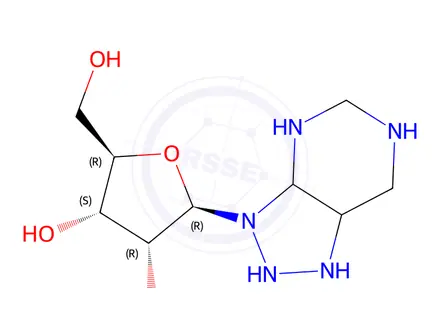 Chemical structure of (2R,3S,4R,5R)-2-(hydroxymethyl)-5-(triazolo[4,5-d]pyrimidin-3-yl)tetrahydrofuran-3,4-diol