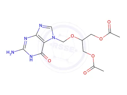 Chemical structure of 2-((2-Amino-6-oxo-1,6-dihydro-7H-purin-7-yl)methoxy)propane-1,3-diyl Diacetate