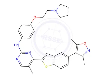 Chemical structure of 2-PyriMidinaMine, 4-[5-(3,5-diMethyl-4-isoxazolyl)benzo[b]thien-2-yl]-5-Methyl-N-[4-[2-(1-pyrrolidinyl)ethoxy]phenyl]-
