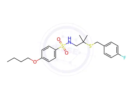 Chemical structure of 4-Butoxy-N-(2-((4-fluorobenzyl)thio)-2-methylpropyl)benzenesulfonamide