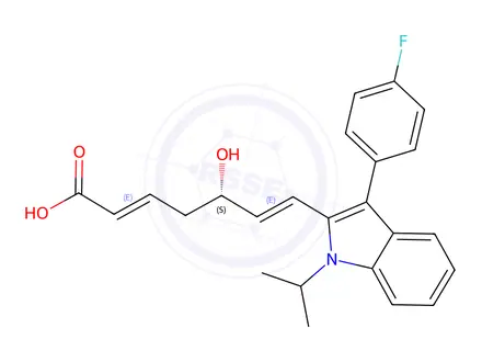 Chemical structure of (S,2E,6E)-7-(3-(4-Fluorophenyl)-1-isopropyl-1H-indol-2-yl)-5-hydroxyhepta-2,6-dienoic acid