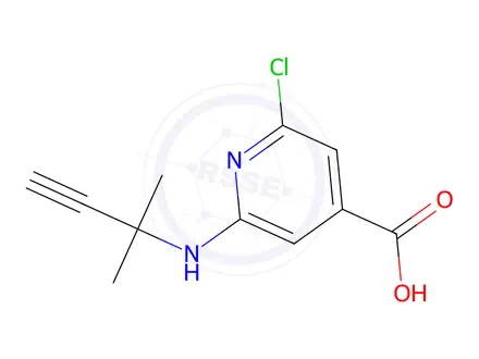 Chemical structure of 2-Chloro-6-((2-methylbut-3-yn-2-yl)amino)isonicotinic acid