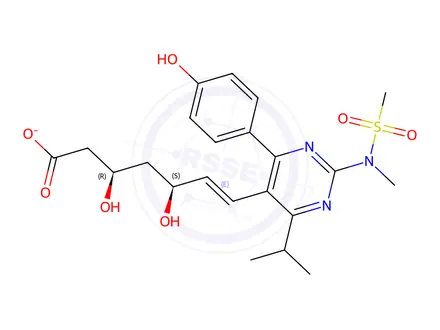 Chemical structure of (E,3R,5S)-3,5-dihydroxy-7-[4-(4-hydroxyphenyl)-2-[methyl(methylsulfonyl)amino]-6-propan-2-ylpyrimidin-5-yl]hept-6-enoate