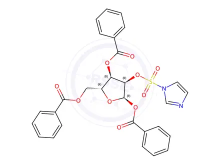 Chemical structure of 1,3,5-Tri-O-benzoyl-2-O-(1H-imidazol-1-ylsulfonyl)-alpha-D-ribofuranose