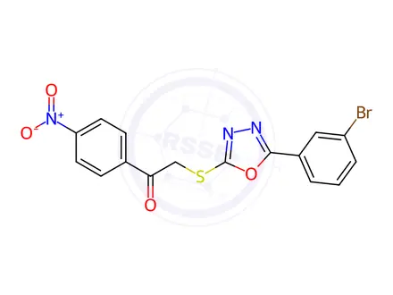 Chemical structure of 2-((5-(3-bromophenyl)-1,3,4-oxadiazol-2-yl)thio)-1-(4-nitrophenyl)ethan-1-one