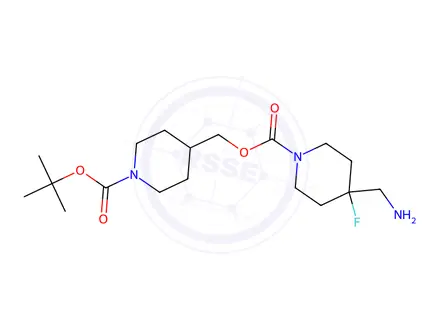 Chemical structure of (1-(Tert-butoxycarbonyl)piperidin-4-yl)methyl 4-(aminomethyl)-4-fluoropiperidine-1-carboxylate