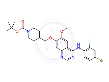 Chemical structure of tert-Butyl 4-(((4-((4-bromo-2-fluorophenyl)amino)-6-methoxyquinazolin-7-yl)oxy)methyl)piperidine-1-carboxylate