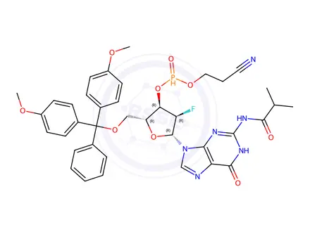 Chemical structure of (2R,3R,4R,5R)-2-((bis(4-methoxyphenyl)(phenyl)methoxy)methyl)-4-fluoro-5-(2-isobutyramido-6-oxo-1H-purin-9(6H)-yl)tetrahydrofuran-3-yl (2-cyanoethyl) phosphonate