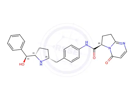 Chemical structure of (R)-N-(4-(((2R,5S)-5-((S)-hydroxy(phenyl)methyl)pyrrolidin-2-yl)methyl)phenyl)-4-oxo-4,6,7,8-tetrahydropyrrolo[1,2-a]pyrimidine-6-carboxamide