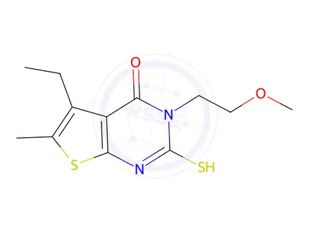 Chemical structure of 5-ethyl-2-mercapto-3-(2-methoxyethyl)-6-methylthieno[2,3-d]pyrimidin-4(3H)-one