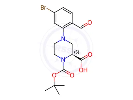 Chemical structure of (S)-4-(3-Bromo-6-formylphenyl)-1-(tert-butoxy-carbonyl)piperazine-2-carboxylic acid