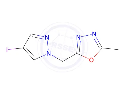 Chemical structure of 2-((4-Iodo-1H-pyrazol-1-yl)methyl)-5-methyl-1,3,4-oxadiazole