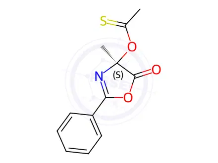 Chemical structure of Ethanethioic acid, S-(4,5-dihydro-4-methyl-5-oxo-2-phenyl-4-oxazolyl) ester