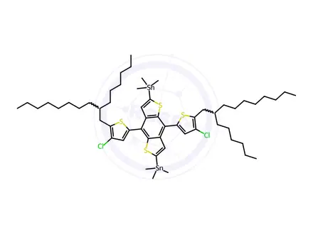 Chemical structure of (4,8-Bis(4-chloro-5-(2-hexyldecyl)thiophen-2-yl)benzo[1,2-b:4,5-b']dithiophene-2,6-diyl)bis(trimethylstannane)