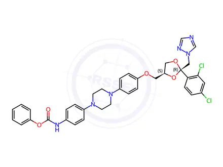 Chemical structure of (4-(4-(4-(((2R,4S)-2-((1H-1,2,4-Triazol-1-yl)methyl)-2-(2,4-dichlorophenyl)-1,3-dioxolan-4-yl)methoxy)phenyl)piperazin-1-yl)phenyl)carbamic Acid Phenyl Ester