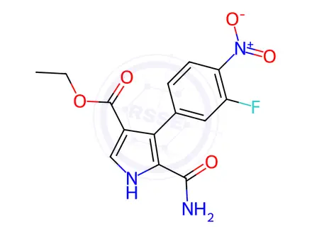 Chemical structure of Ethyl 5-carbamoyl-4-(3-fluoro-4-nitrophenyl)-1H-pyrrole-3-carboxylate