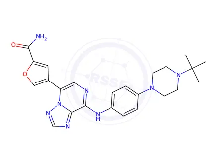Chemical structure of 4-(8-((4-(4-(tert-Butyl)piperazin-1-yl)phenyl)amino)-[1,2,4]triazolo[1,5-a]pyrazin-5-yl)furan-2-carboxamide