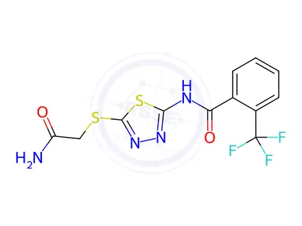Chemical structure of N-(5-((2-Amino-2-oxoethyl)thio)-1,3,4-thiadiazol-2-yl)-2-(trifluoromethyl)benzamide