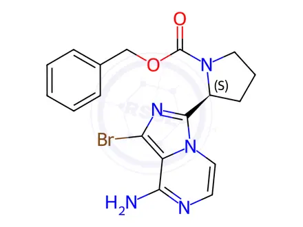 Chemical structure of Benzyl (S)-2-(8-amino-1-bromoimidazo[1,5-a]pyrazin-3-yl)pyrrolidine-1-carboxylate