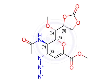 Chemical structure of (4S,5R,6R,7S,8R)-5-(Acetylamino)-2,6-anhydro-4-azido-3,4,5-trideoxy-7-O-methyl-D-glycero-D-galacto-non-2-enonic Acid Methyl Ester Cyclic 8,9-Carbonate