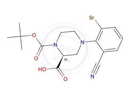 Chemical structure of (S)-4-(2-Bromo-6-cyanophenyl)-1-(tert-butoxy-carbonyl)piperazine-2-carboxylic acid