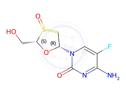 Chemical structure of 4-Amino-5-fluoro-1-((2S,5R)-2-(hydroxymethyl)-3-oxido-1,3-oxathiolan-5-yl)pyrimidin-2(1H)-one