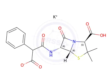 Chemical structure of potassium hydrogen [2S-(2alpha,5alpha,6beta)]-6-(carboxylatophenylacetamido)-3,3-dimethyl-7-oxo-4-thia-1-azabicyclo[3.2.0]heptane-2-carboxylate