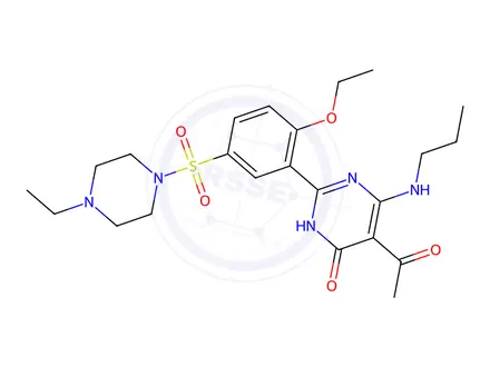 Chemical structure of 5-acetyl-2-(2-ethoxy-5-((4-ethylpiperazin-1-yl)sulfonyl)phenyl)-6-(propylamino)pyrimidin-4(3H)-one