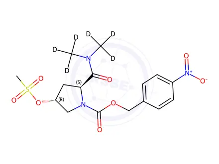 Chemical structure of (2S,4R)-2-[(Dimethylamino)carbonyl]-4-[(methylsulfonyl)oxy]-1-pyrrolidinecarboxylic Acid-d6 4-Nitrobenzyl Ester-d6