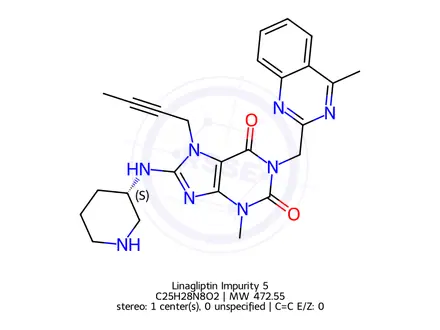Chemical structure of 7-(2-Butyn-1-yl)-3,7-dihydro-3-methyl-1-[(4-methyl-2-quinazolinyl)methyl]-8-[(3S)-3-piperidinylamino]-1H-purine-2,6-dione
