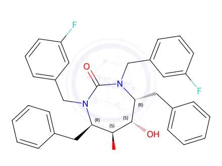Chemical structure of (4R,5S,6S,7R)-4,7-dibenzyl-1,3-bis[(3-fluorophenyl)methyl]-5,6-dihydro xy-1,3-diazepan-2-one