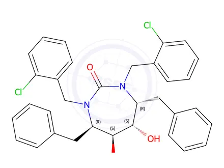 Chemical structure of 2H-1,3-Diazepin-2-one, 1,3-bis[(2-chlorophenyl)methyl]hexahydro-5,6-di hydroxy-4,7-bis(phenylmethyl)-, (4R,5S,6S,7R)-