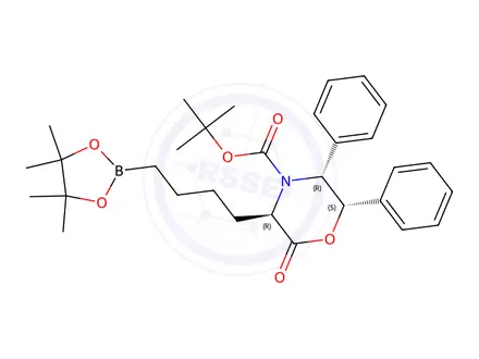 Chemical structure of tert-butyl (3R,5R,6S)-2-oxo-5,6-diphenyl-3-[4-(4,4,5,5-tetramethyl-1,3,2-dioxaborolan-2-yl)butyl]morpholine-4-carboxylate