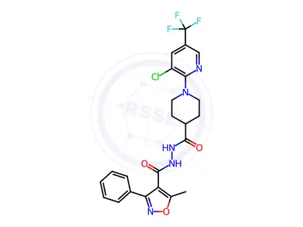 Chemical structure of N'-(1-(3-chloro-5-(trifluoromethyl)pyridin-2-yl)piperidine-4-carbonyl)-5-methyl-3-phenylisoxazole-4-carbohydrazide