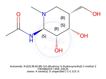 Chemical structure of Acetamide, N-[(2S,3R,4S,5R)-3,4-dihydroxy-5-(hydroxymethyl)-1-methyl-2-piperidinyl]-(9CI)