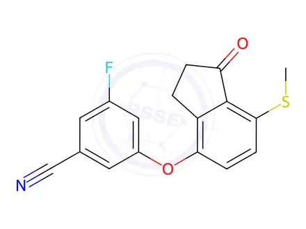 Chemical structure of Benzonitrile, 3-[[2,3-dihydro-7-(methylthio)-1-oxo-1H-inden-4-yl]oxy]-5-fluoro-