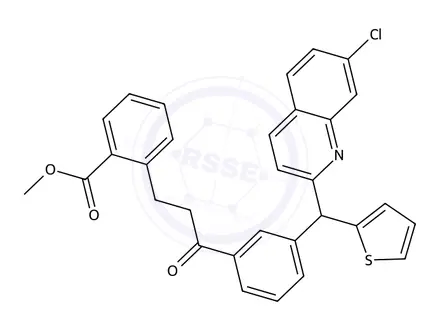 Chemical structure of Methyl 2-(3-(3-((7-chloroquinolin-2-yl)(thiophen-2-yl)methyl)phenyl)-3-oxopropyl)benzoate