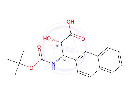 Chemical structure of (2S,3S)-3-((tert-Butoxycarbonyl)amino)-2-hydroxy-3-(naphthalen-2-yl)propanoic acid