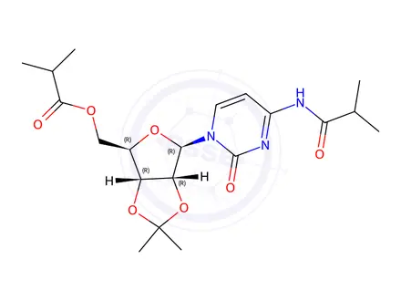 Chemical structure of ((3aR,4R,6R,6aR)-6-(4-isobutyramido-2-oxopyrimidin-1(2H)-yl)-2,2-dimethyltetrahydrofuro[3,4-d][1,3]dioxol-4-yl)methyl isobutyrate