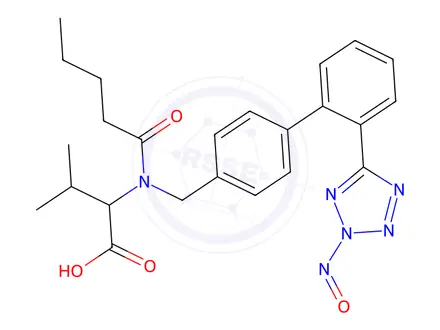 Chemical structure of 3-methyl-2-(N-((2`-(2-nitroso-2H-tetrazol-5-yl)-[1,1`-biphenyl]-4-yl)methyl)pentanamido)butanoic acid