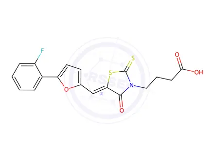 Chemical structure of 4-(5-((5-(2-Fluorophenyl)furan-2-yl)methylene)-4-oxo-2-thioxothiazolidin-3-yl)butanoic acid