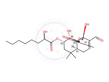 Chemical structure of Octanoic acid,2-hydroxy-,4-formyl-3,3a,6,6a,7,8,9,10-octahydro-3,10-dihydroxy-7,7-dimethyl-1-oxo-1H-naphtho[1,8a-c]furan-9-ylester (9CI)
