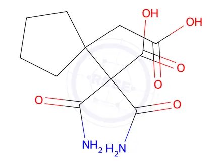 Chemical structure of 3-amino-2-carbamoyl-2-(1-(carboxymethyl)cyclopentyl)-3-oxopropanoic acid