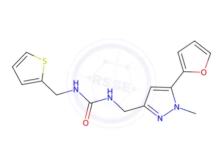 Chemical structure of 1-((5-(Furan-2-yl)-1-methyl-1H-pyrazol-3-yl)methyl)-3-(thiophen-2-ylmethyl)urea